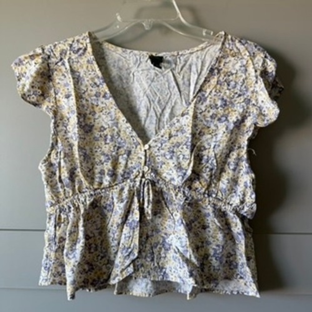 Wild Fable XL Yellow Purple Floral V Neck Flutter Sleeve Tie Front Peplum Top